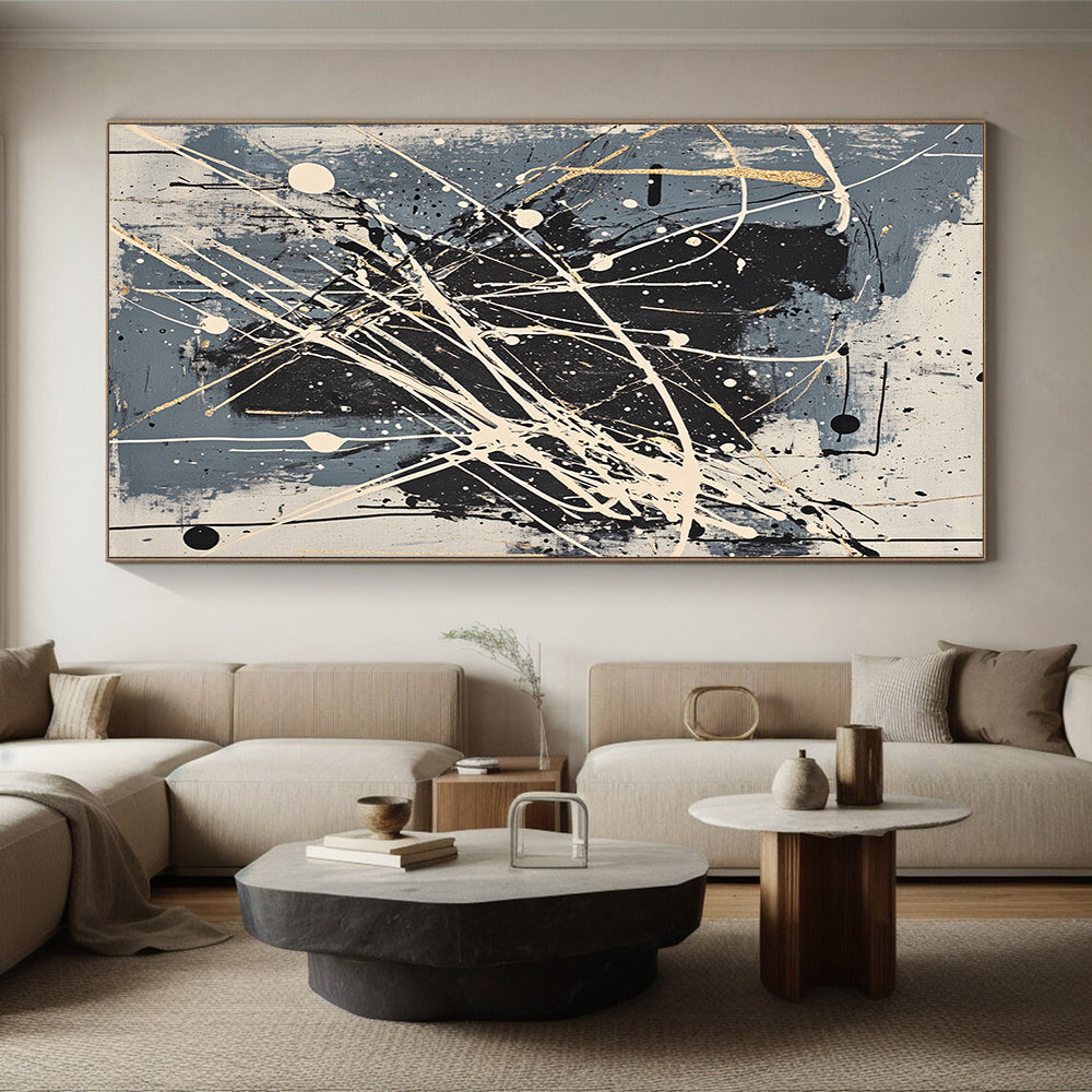 Gray, Black, White, Gold, Intricate Splatters "Gilded Galaxy" Abstract Pollock - Inspired Painting On Canvas HB053