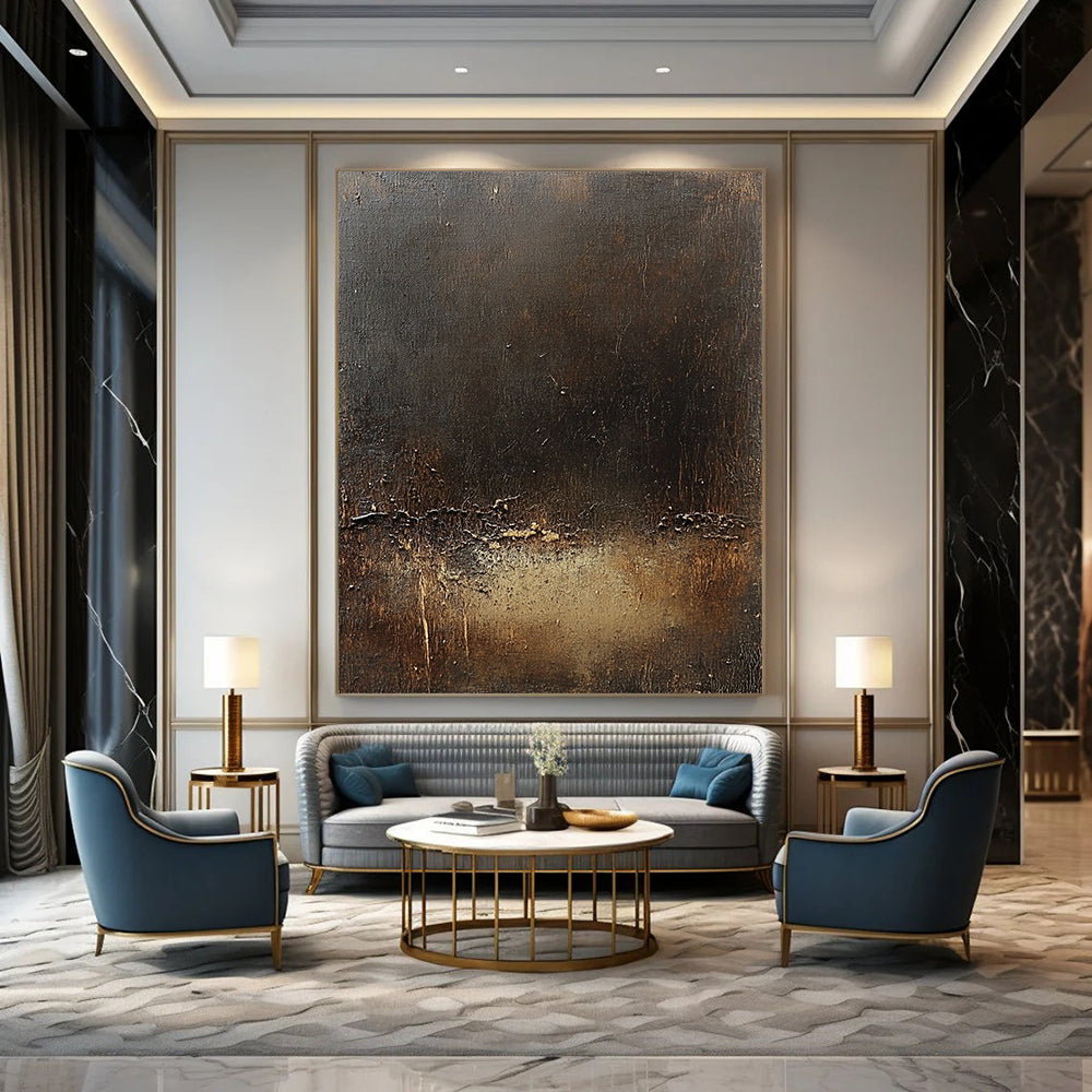 Contemporary abstract canvas art featuring a dark brown textured background subtle golden line and signs of wear enhancing its unique character. DLZ1571