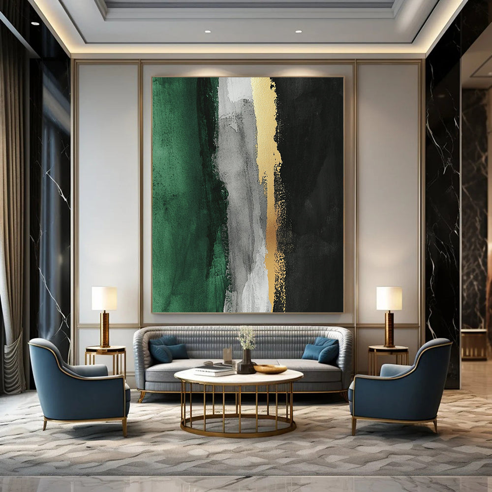 Contemporary abstract artwork featuring thick brush strokes gold leafing and a color palette of gray white black and green with a striking vertical yellow line. DLZ1630