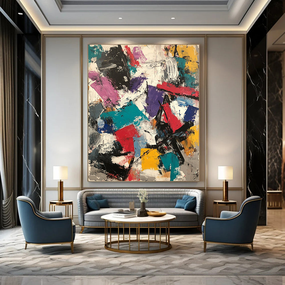 Contemporary hand-painted abstract artwork featuring thick brush strokes, vibrant colors, and layered textures in a dynamic composition. DLZ0930