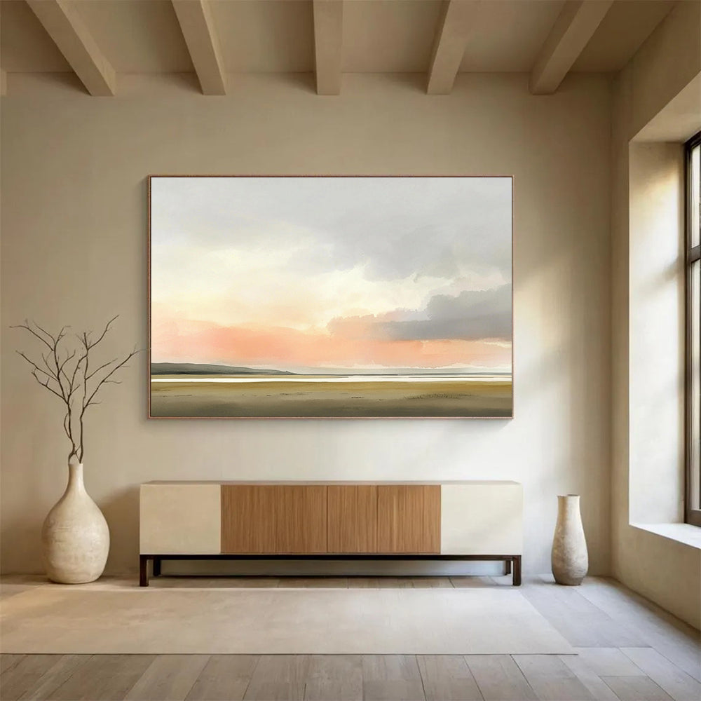 “Pastel Sunset Landscape” - Pink, Orange, Gray, Brown, Hazy Sunset Over a Plain - Watercolor Painting HB1775