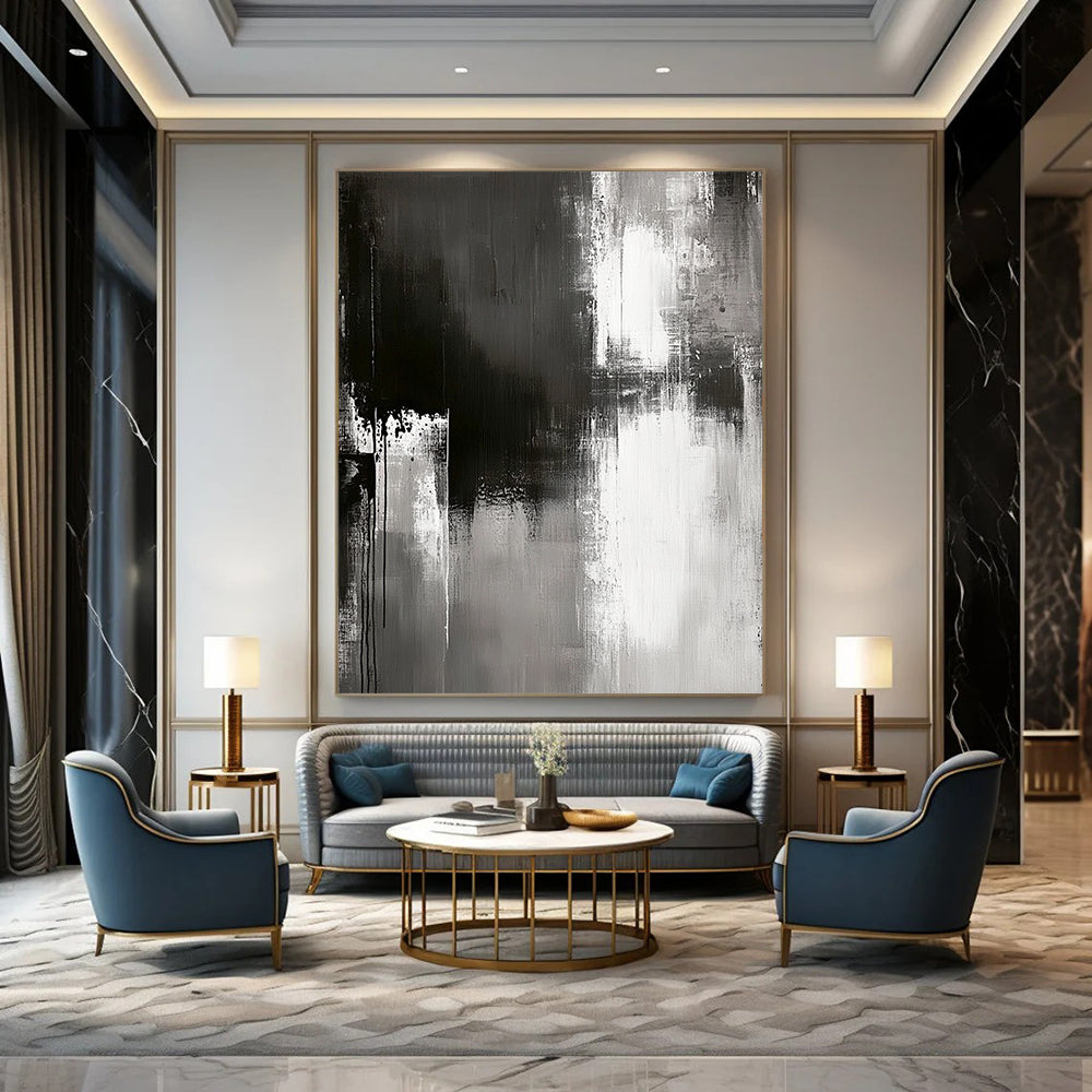 Contemporary abstract painting with grungy grey textures muted colors and simple brush strokes on a textured canvas for modern art lovers. DLZ0304