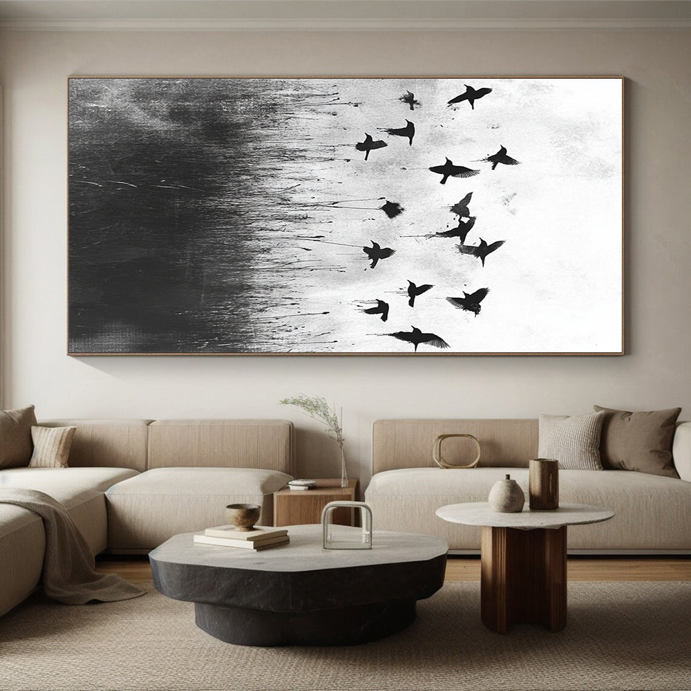 Black and White Birds in Field "Misty Flight" Painting On Canvas HB301