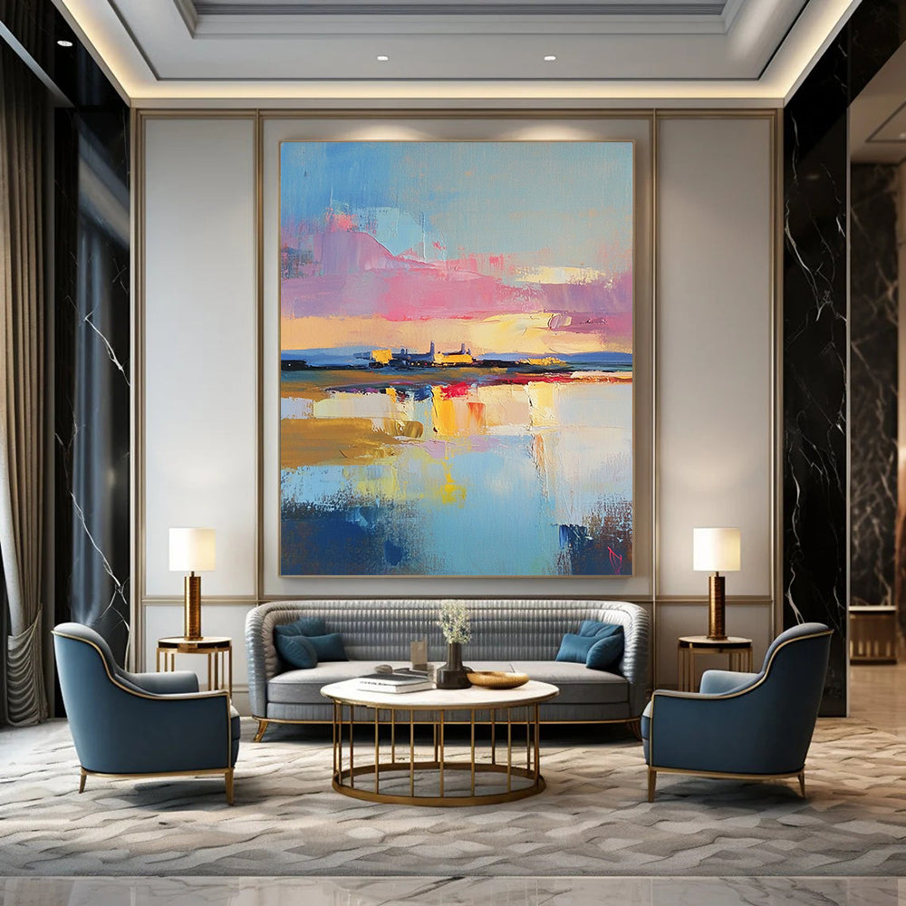 Contemporary abstract painting showcasing a dreamy oil-painted sky above an RAF base with vibrant scripted colors reflecting on water below. DLZ0660