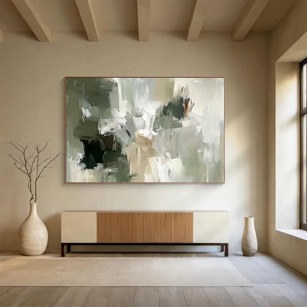 “Muted Tones Abstraction” - Green, Gray, Beige, Textured Layers - Abstract Oil Painting HB1535