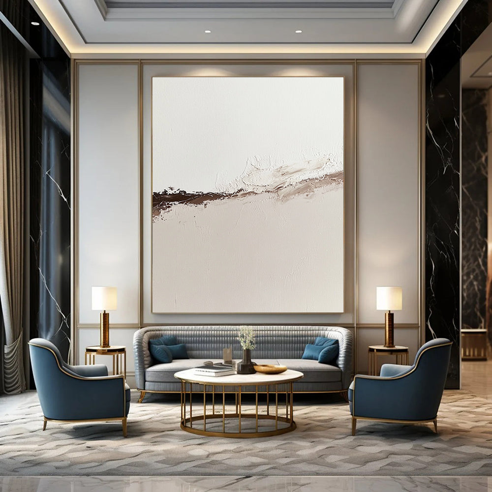 Contemporary abstract oil painting showcasing the tranquil boundary of water and desert sand in muted neutral tones with rich brown accents. DLZ1312