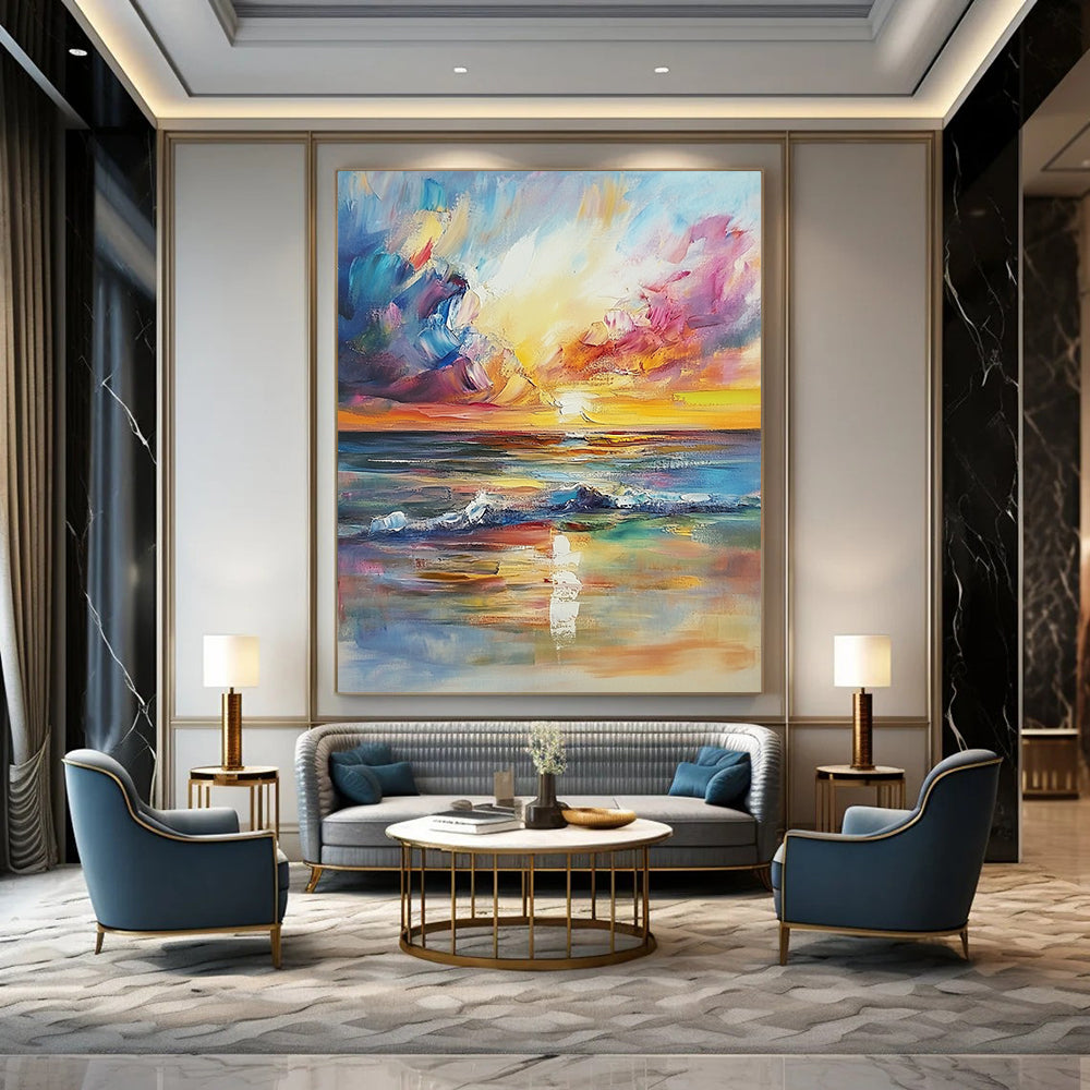 Contemporary hand-painted abstract artwork with impressionist style depicting a dreamy sunset over the sea, perfect for enhancing living room aesthetics. DLZ1125