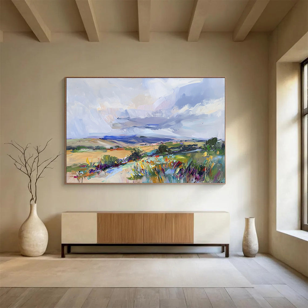 “Colorful Countryside Vibe” - Vivid Greens, Yellows, Blues, and Purples, Lively Impressionistic Landscape Painting On Canvas HB0915