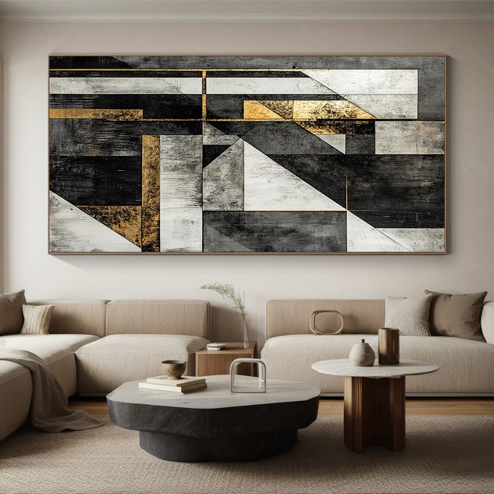 Black, White, Gray, Gold, Modular Geometry "Gilded Block Party" Abstract Constructivist - Inspired Painting On Canvas HB129