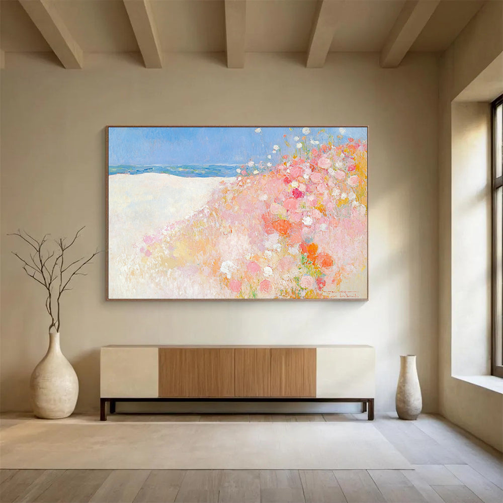 “Seaside Flower Dunes” - Soft pastels, beach blooms, Impressionist Landscape Painting On Canvas HB0573
