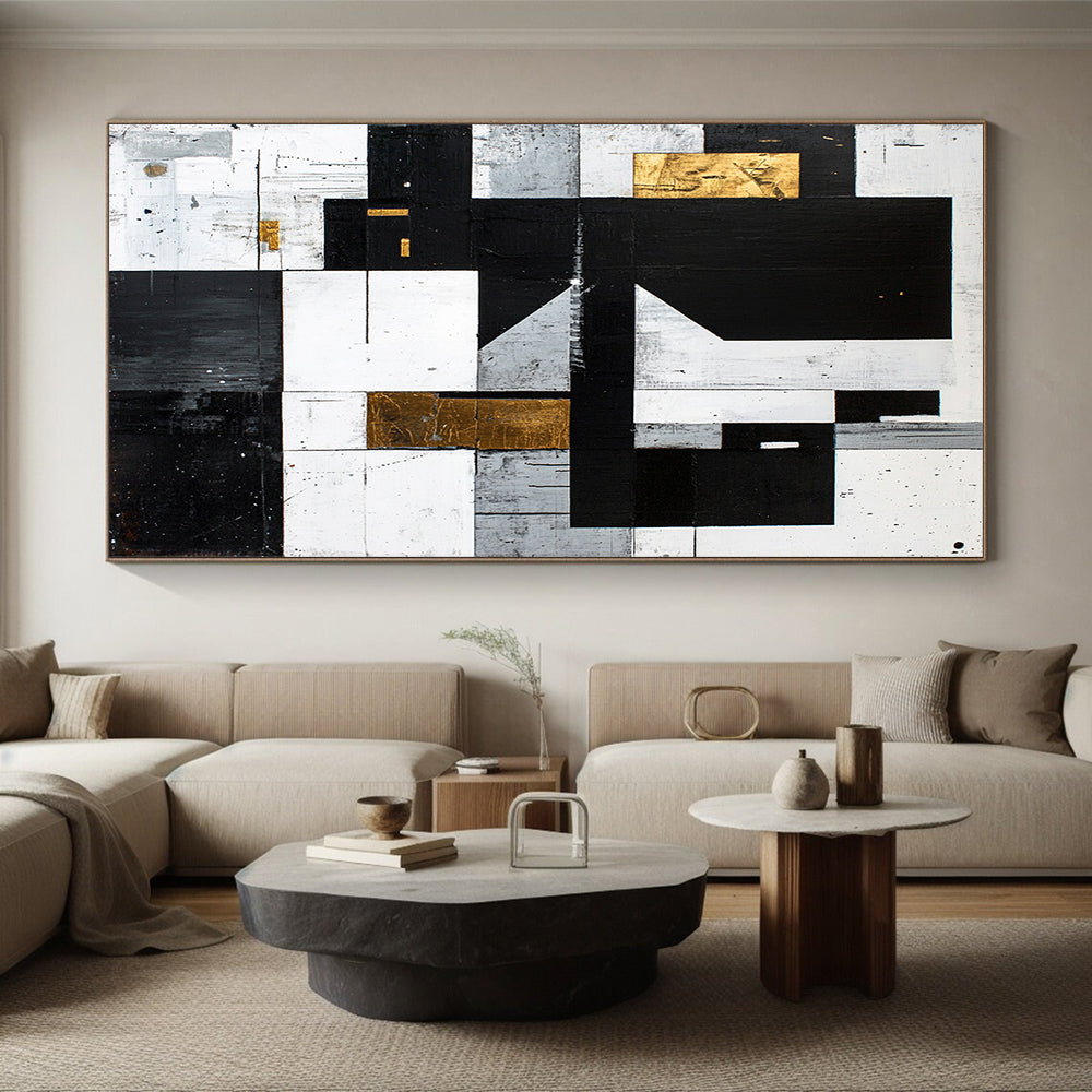 Black, White, Gray, Gold, Textured Rectangles "Gilded Rustic Modern" Abstract Modernist Painting On Canvas HB130