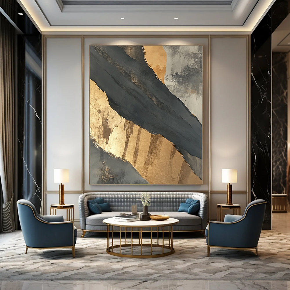 Contemporary large hand-painted abstract artwork featuring intricate black and gray patterns highlighted by elegant gold accents. DLZ1715