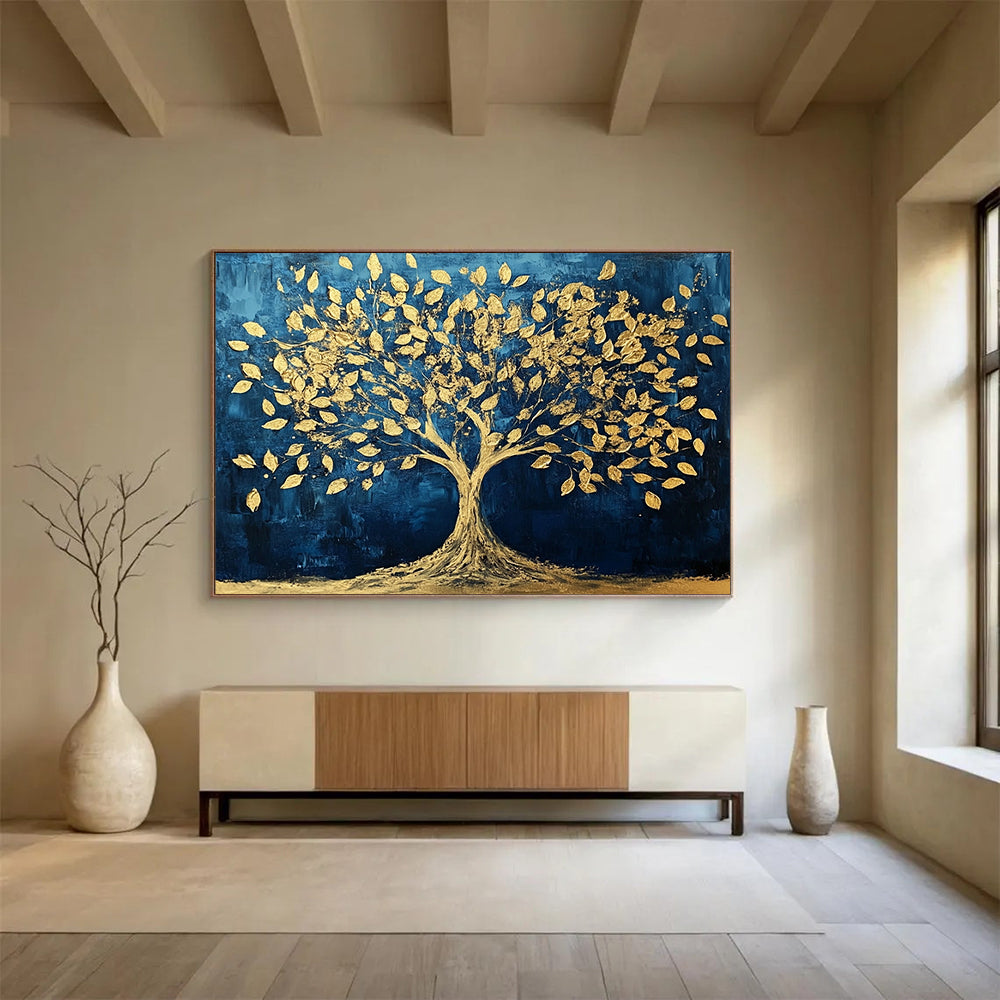 “Golden Tree of Life” - Blue, Gold, Tree Silhouette Painting On Canvas HB0734