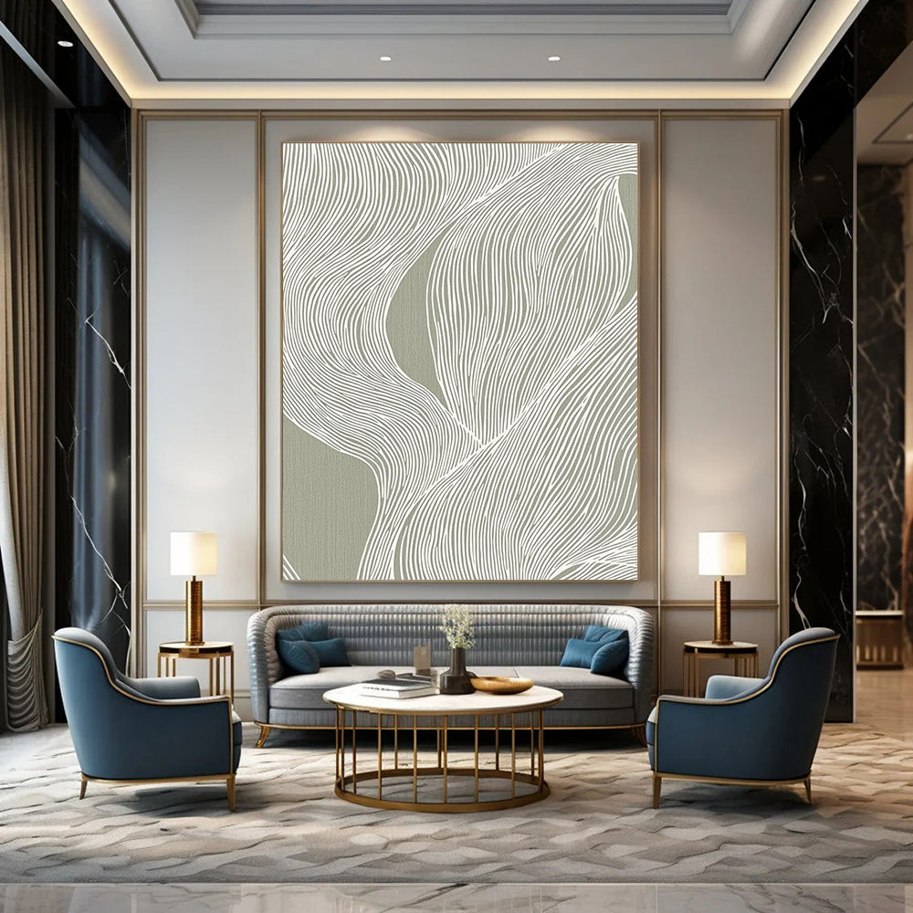 Contemporary hand-painted abstract artwork featuring fluid white lines on a gray background inspired by Edo woodblock prints, perfect for elegant interior decor. DLZ1431