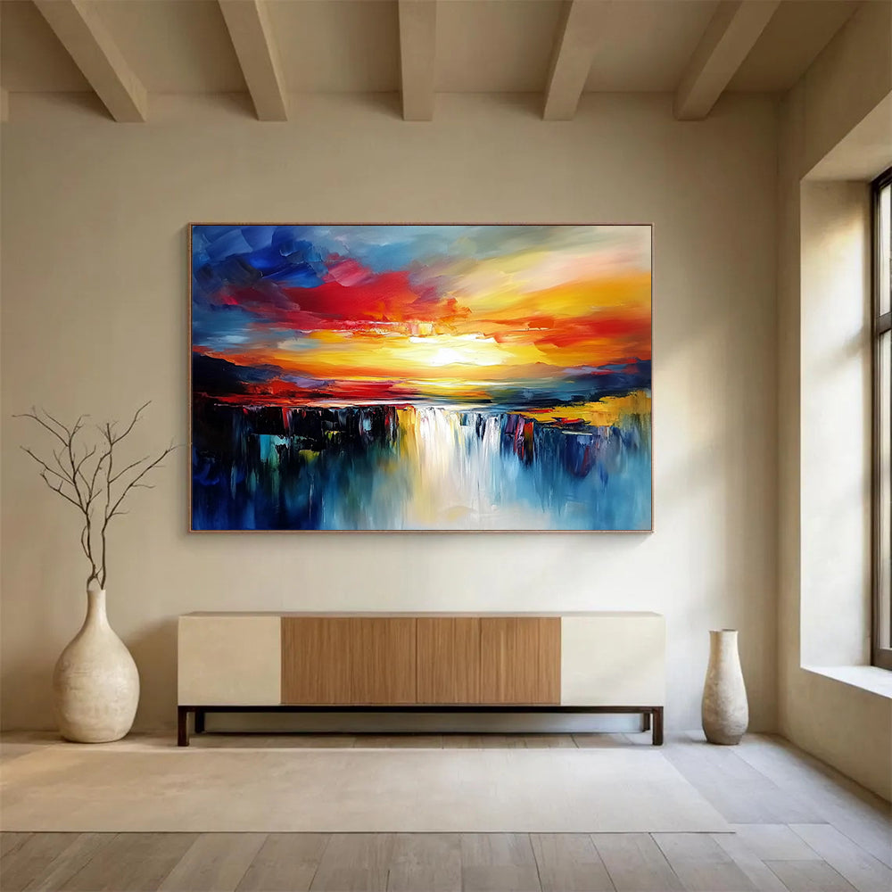 Vibrant Sunset Waterfall in Bold Colors - Expressive Abstract Landscape Painting On Canvas HB0437