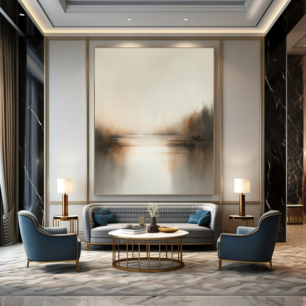 Contemporary abstract painting showcasing soft neutrals and earthy tones, enveloped in hazy light for a serene, dreamlike feel. DLZ0398