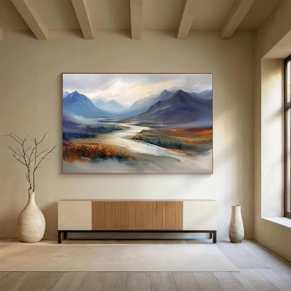 Misty Mountain Valley with River - Ethereal Landscape Painting On Canvas HB0452