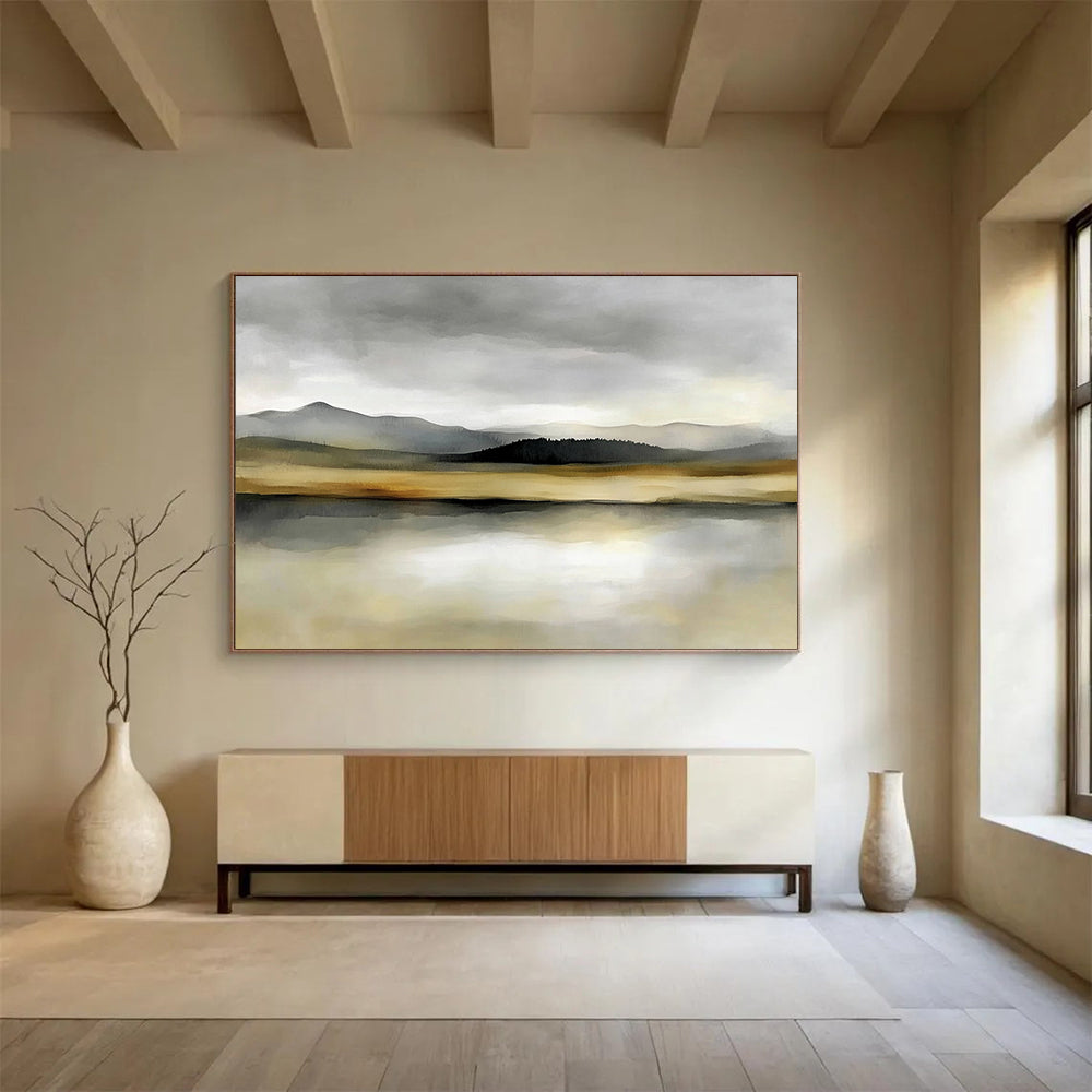 “Misty Mountain Lake” - Gray, Beige, Green, Layered Mountains and Reflective Lake Painting On Canvas HB0916