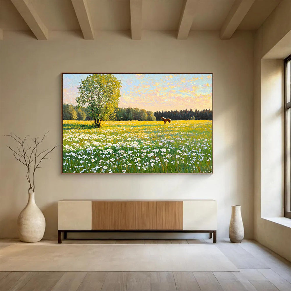 “Sunlit Field with Tree and Horse” - Bright Greens, Yellows, Blues, Field with Tree and Horse - Realist Oil Painting HB1688
