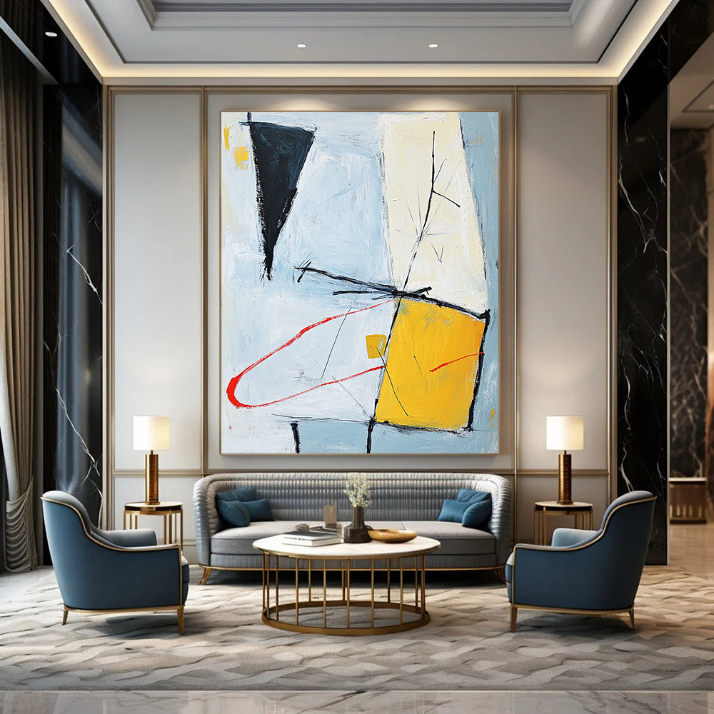 Contemporary hand-painted abstract artwork featuring light blue gray and yellow shapes connected by red curves on an off-white background within a square format. DLZ1021