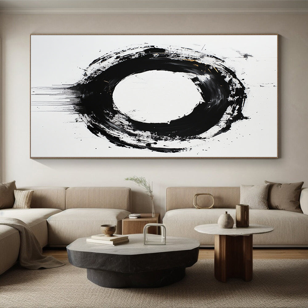 White, Black and Gold Abstract Circle "Dynamic Enso" Painting On Canvas HB366