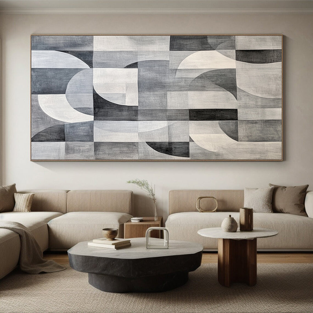 Gray, Black and White Geometric Circles and Squares "Monochrome Harmony" Painting On Canvas HB370
