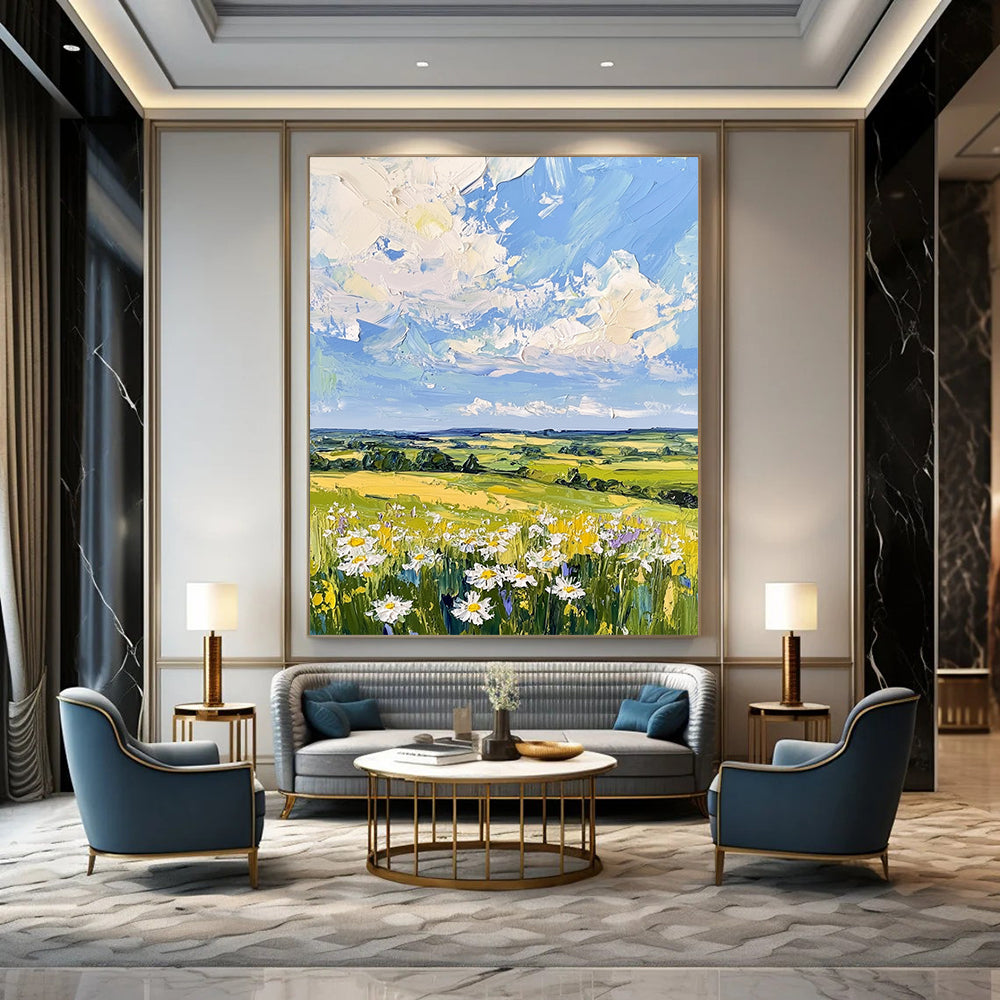 Contemporary large hand-painted abstract artwork showcasing serene English countryside with gentle hills soft blue sky and calming daisies. DLZ1421