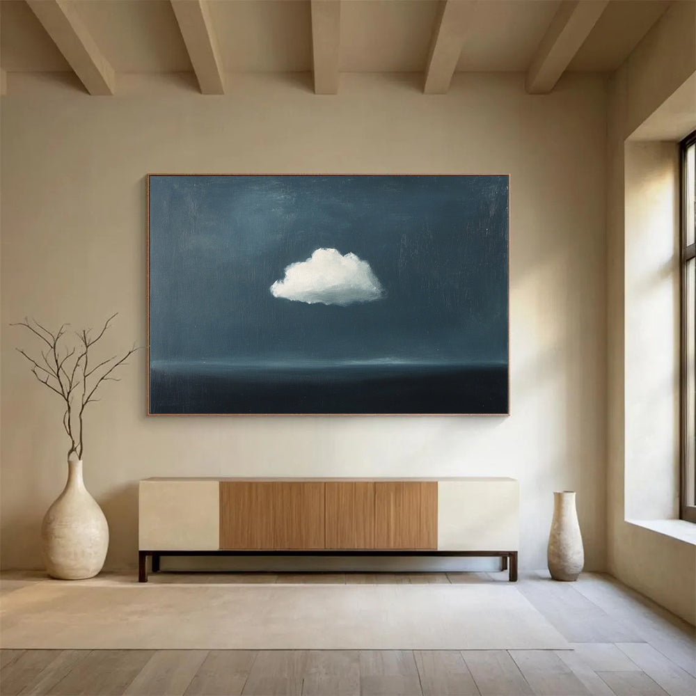 “Lone Cloud Over Sea” - Dark Blue, White, Minimalist Landscape Painting On Canvas HB0710