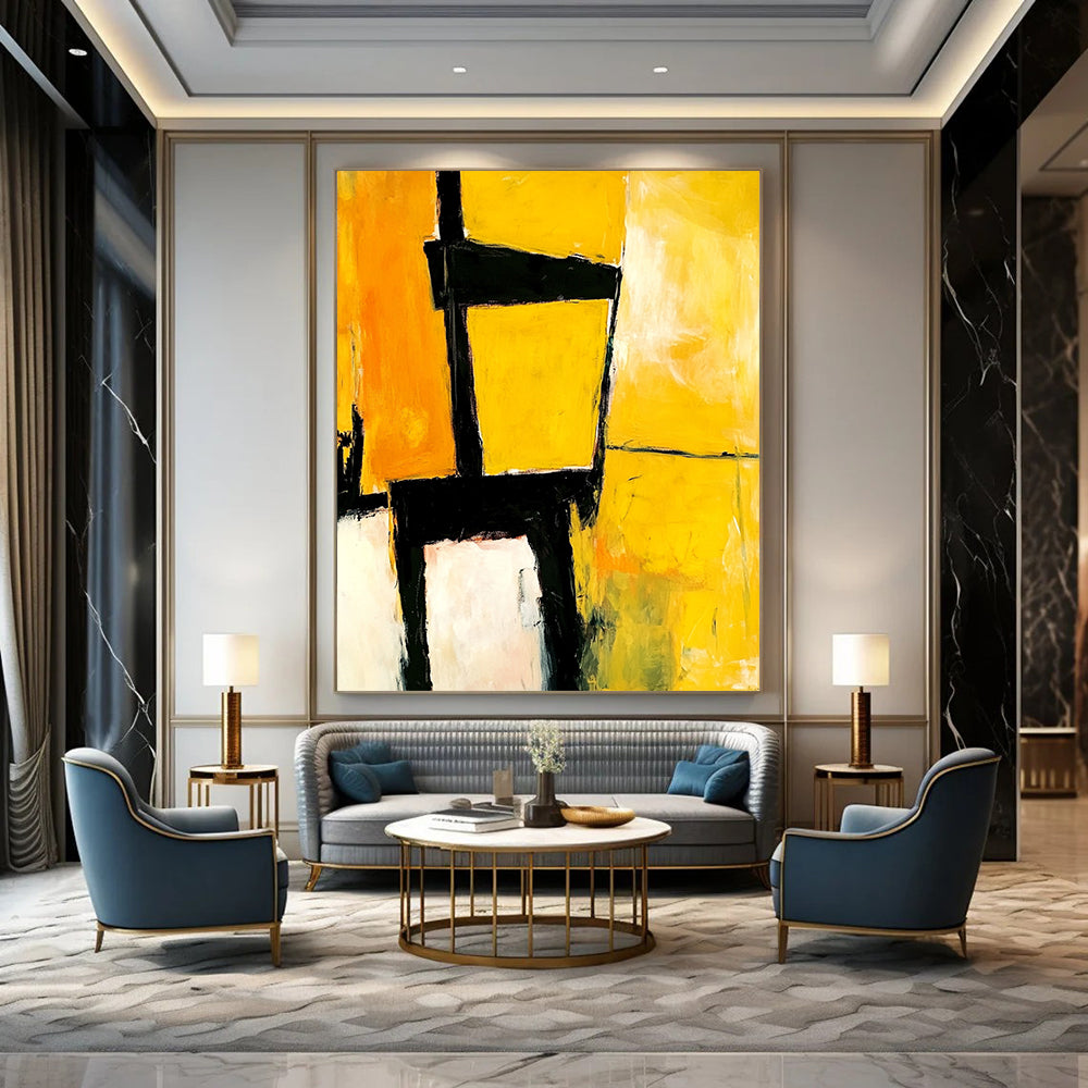 Contemporary abstract artwork showcasing an electrician's chair in vibrant yellow and black shades by Mariling & Jay Mead for a striking visual impact. DLZ0949