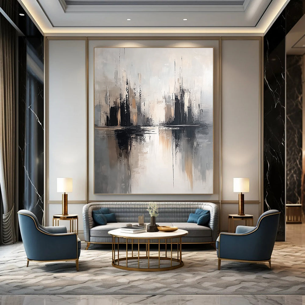 Contemporary hand-painted abstract artwork featuring soft gray tones and a neutral palette with detailed textures and minimalist design on a white background. DLZ0810