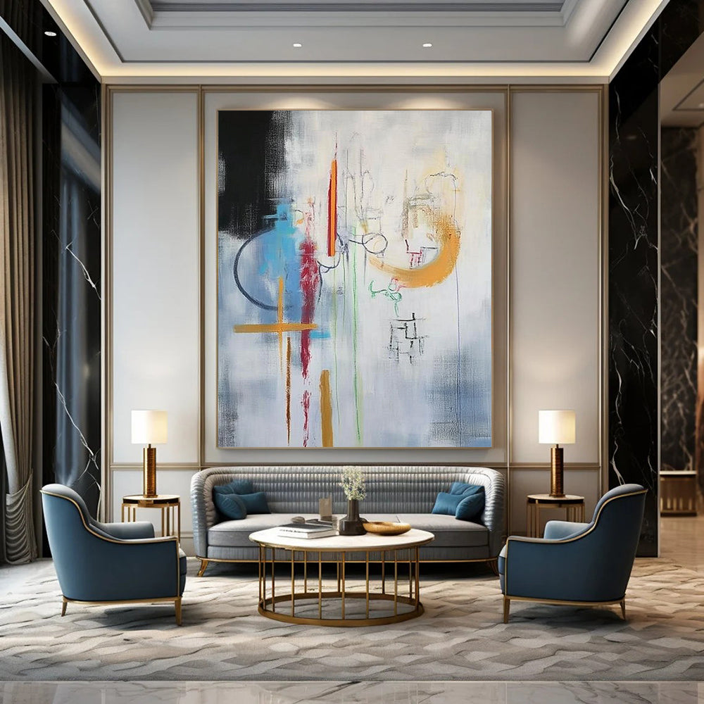 Large contemporary hand-painted abstract artwork featuring vibrant colors and dynamic shapes creating a captivating visual experience. Ideal for modern spaces. DLZ1759