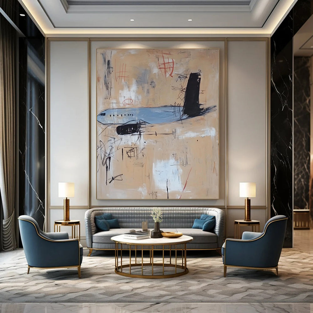 Contemporary hand-painted abstract artwork featuring an airplane with light blue beige and tan tones accented by black lines and minimalistic details. DLZ0571