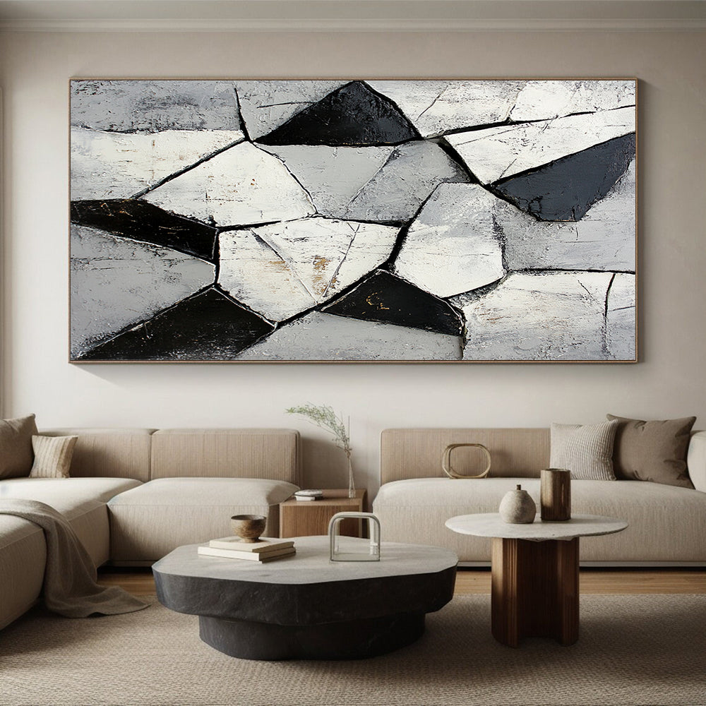 Gray, Black, White, Fragmented Shapes "Broken Mosaic" Abstract Cubist - Inspired Painting On Canvas HB060