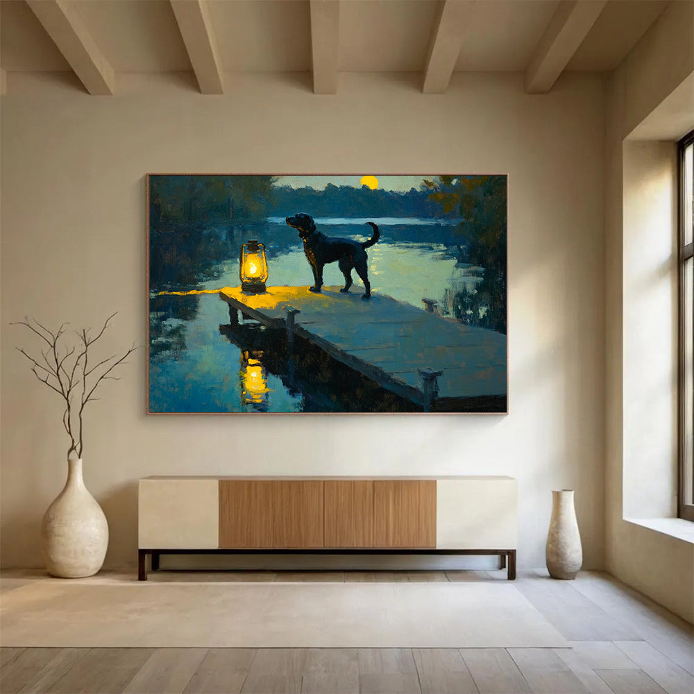 “Moonlit Dog by the Lake” - Blue, Yellow, Black Dog, Lake, Lantern - Realist Oil Painting HB1685