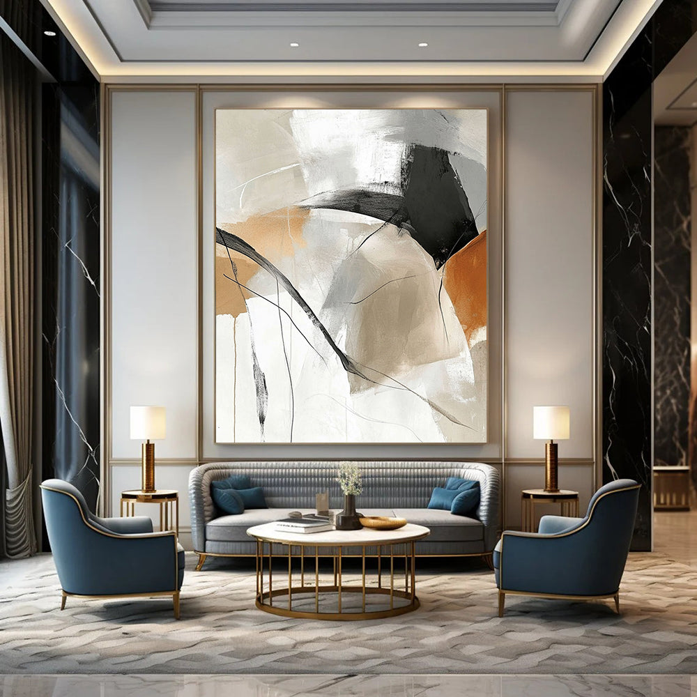 Contemporary hand-painted abstract art featuring beige and white tones with black lines beautiful curves and intertwined gray shades large blank spaces for customization. DLZ0292