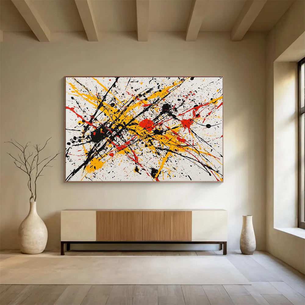 “Splatter Paint Energy Burst” - Yellow, Red, Black, Splatter Strokes Painting On Canvas HB0769