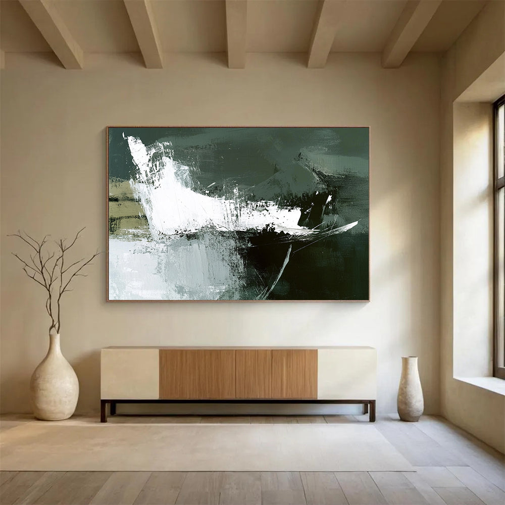 “Dark Green Abstract Strokes” - Green, White, Black with Bold Strokes - Abstract Acrylic Painting HB1349
