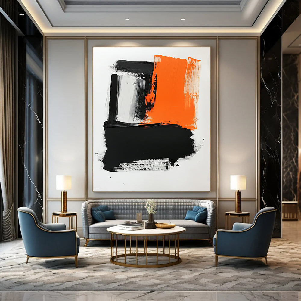 Contemporary hand-painted abstract artwork featuring a white background, vibrant orange and black hues, bold brush strokes, and striking negative space. DLZ0433