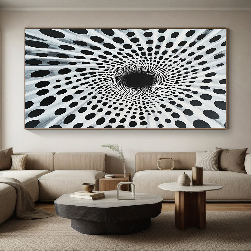 Black Dots on White Radial Pattern - “Spiral Particle Vortex” Painting On Canvas HB189
