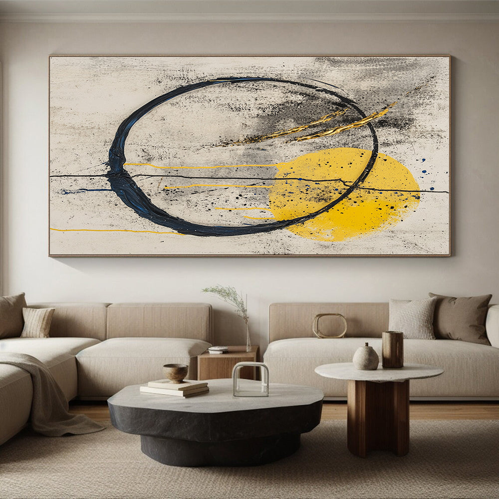 Gray, Yellow, Black, Gold, Circular Motifs "Sunrise Enso" Abstract Zen - Inspired Painting On Canvas HB057
