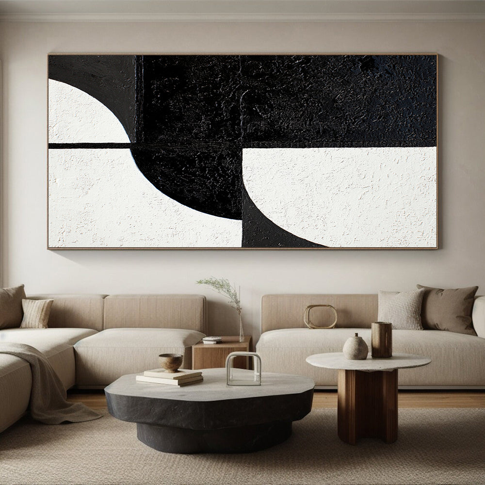 Black & White Geometric Shapes - “Minimalist Form Fusion” Painting On Canvas HB228