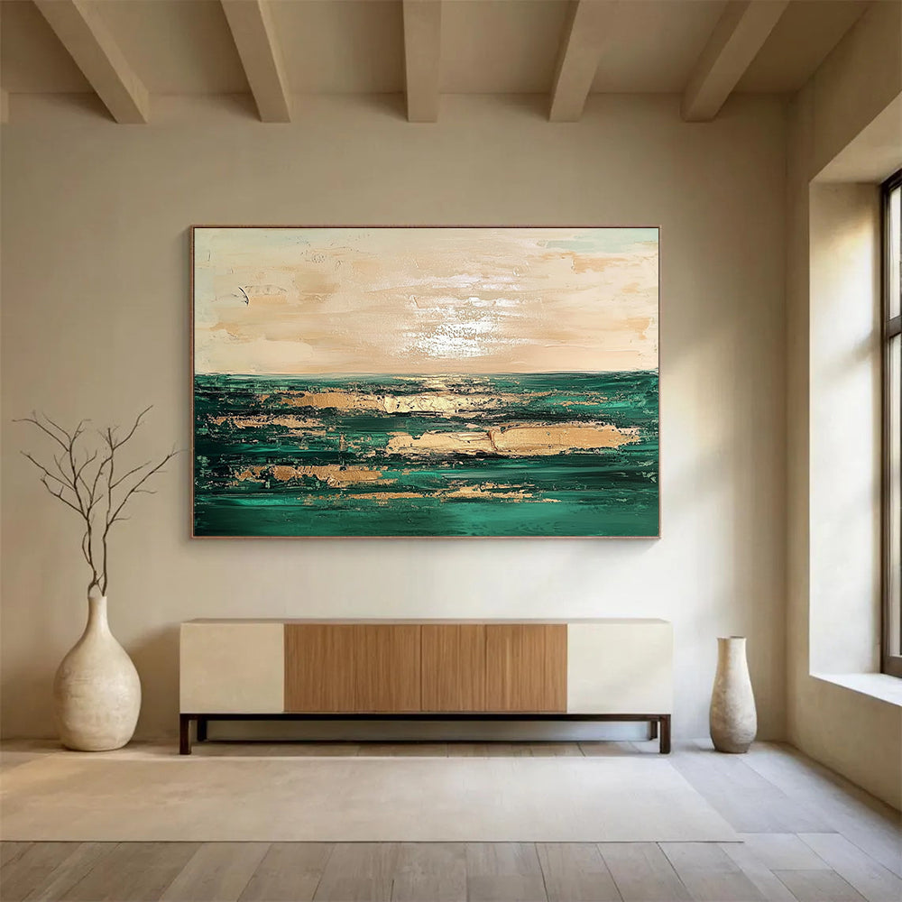 “Coastal Abstract with Gold” - Green, Gold, Coastal Landscape Painting On Canvas HB0888