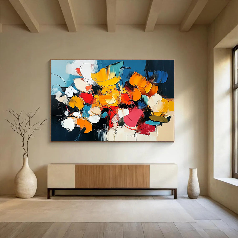 “Colorful Abstract Floral Blooms” - Yellow, orange, red, blue, white; Abstract floral composition HB1288