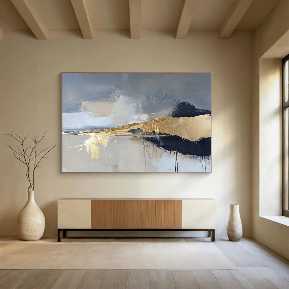 “Gilded Mist” - Gray, Gold, Black, Abstract Textured Landscape Painting On Canvas HB1068