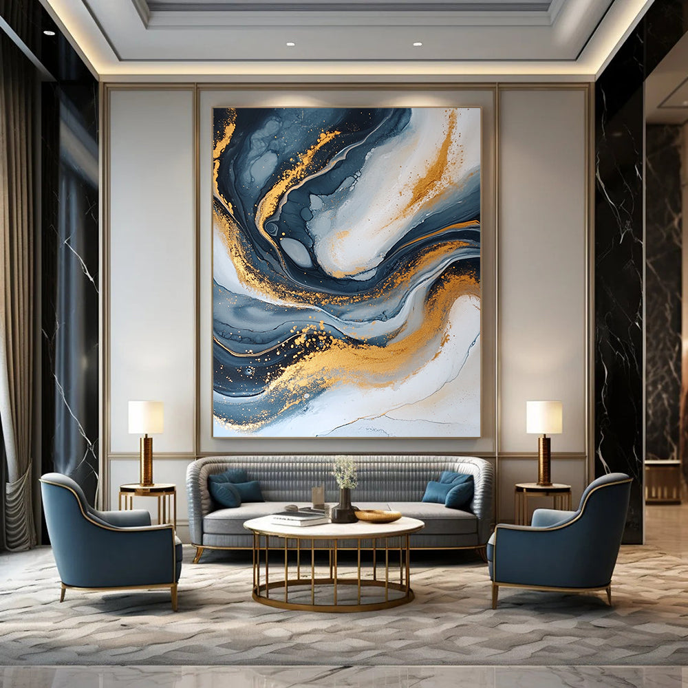 Contemporary hand-painted abstract artwork features dark blue and gold with a crackle effect elegant swirling patterns and glitter accents create depth and beauty. DLZ0329