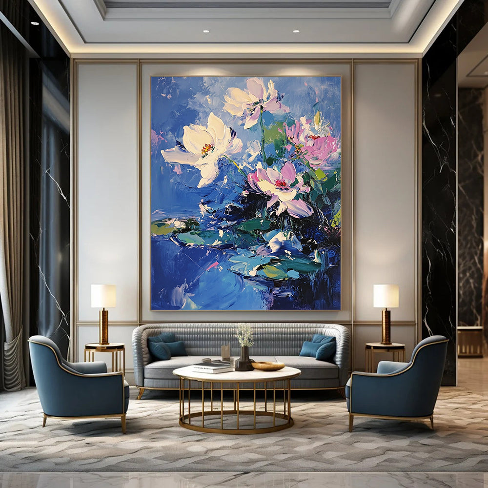 Contemporary abstract painting featuring bold brushstrokes and vibrant lotus flowers with pink accents on blue water, creating depth and movement through light and shadow. DLZ0377