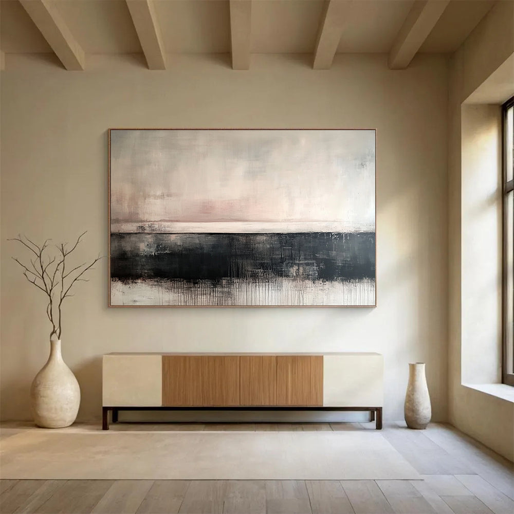 “Muted Abstract Horizon” - Soft tones of gray, beige, black; Abstract horizon with drip effects; Acrylic Painting On Canvas HB1266