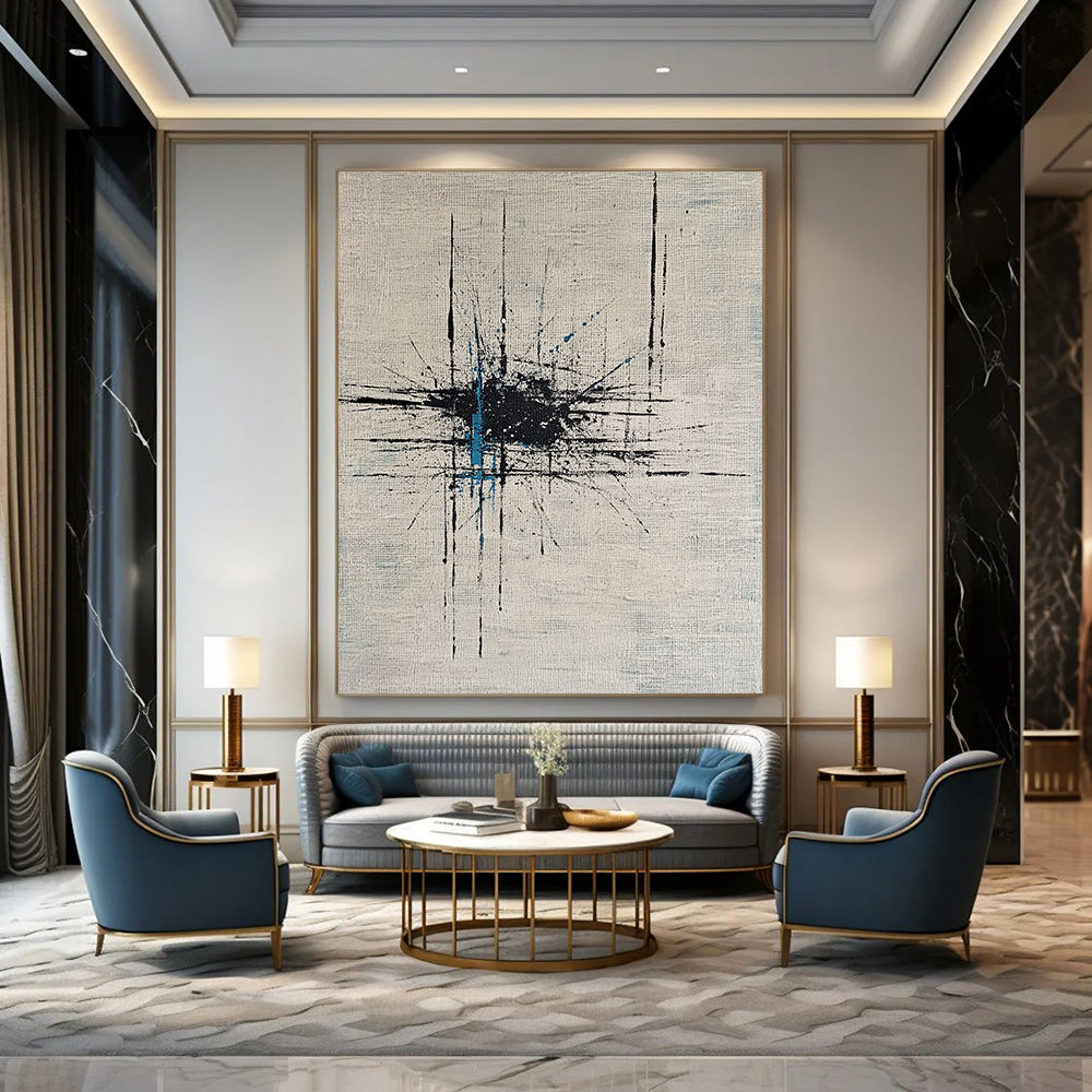 Contemporary hand-painted abstract artwork featuring dynamic lines and dots on white canvas enhanced by bold black ink and vibrant blue highlights. DLZ0883