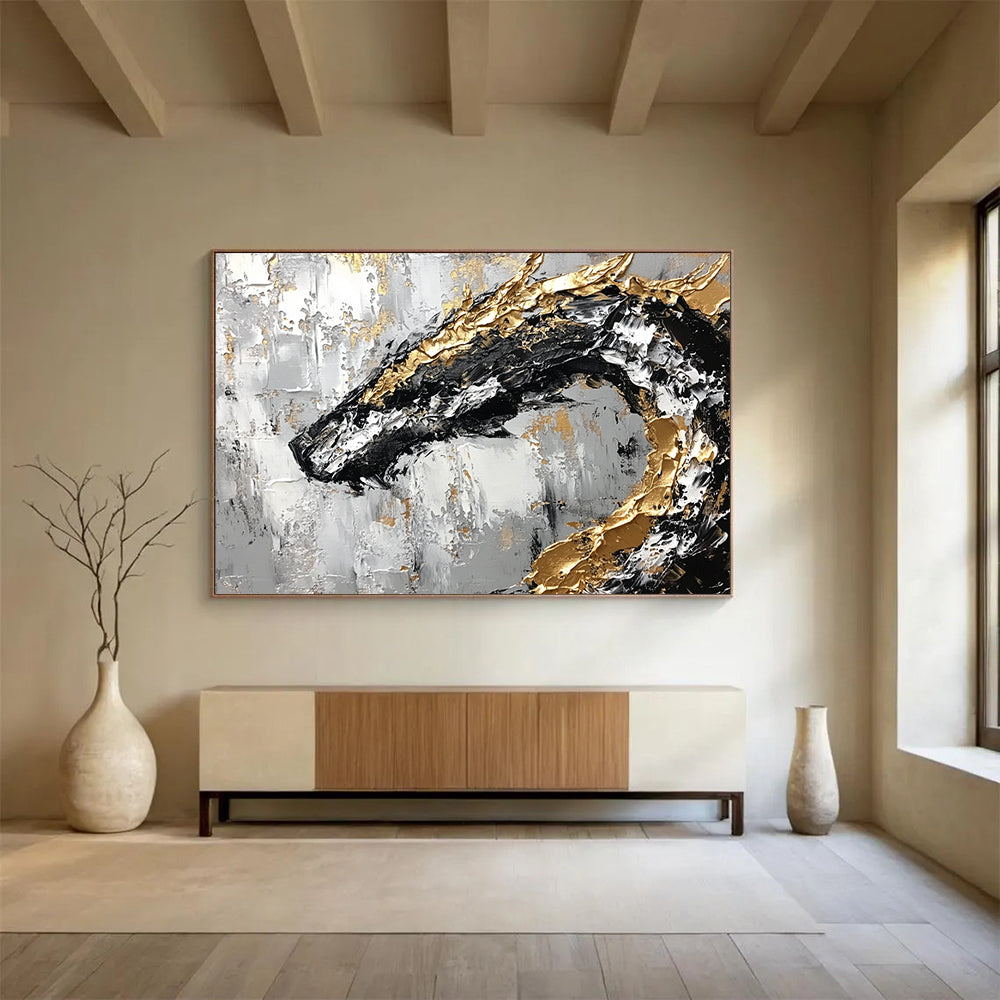 “Golden Dragon on Textured Gray” - Gray, Gold, Black, White, Abstract Textured Dragon Painting On Canvas HB1093