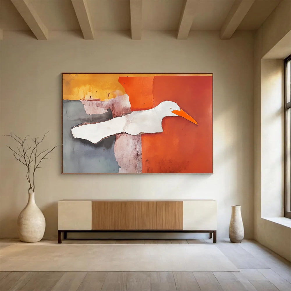 “Collage Bird” - Orange, gray, purple, white; Abstract bird collage; Mixed Media Painting On Canvas HB1209